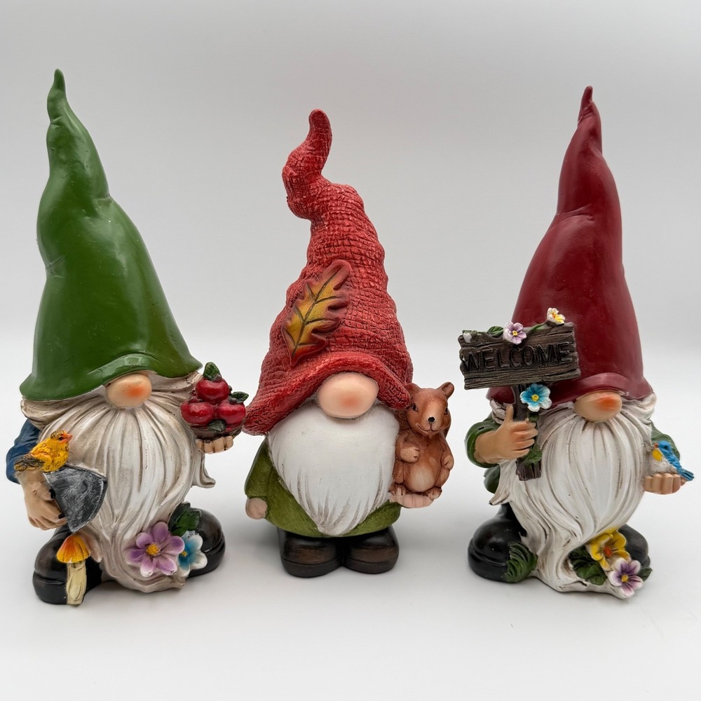 Garden‎ Gnome Figurine Set of 3 Welcome Sign Squirrel Bird Shovel Decor